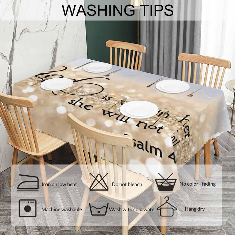 Beabes Bible Verse Decorative Table Cover for Kitchen, Oblong Tablecloth God is Within Her She Will Not Fall Dining Table Cloth Tabletop Tablecloths for BBQ Picnic Coffee 52"X70", Gold Sparkle - Image 5
