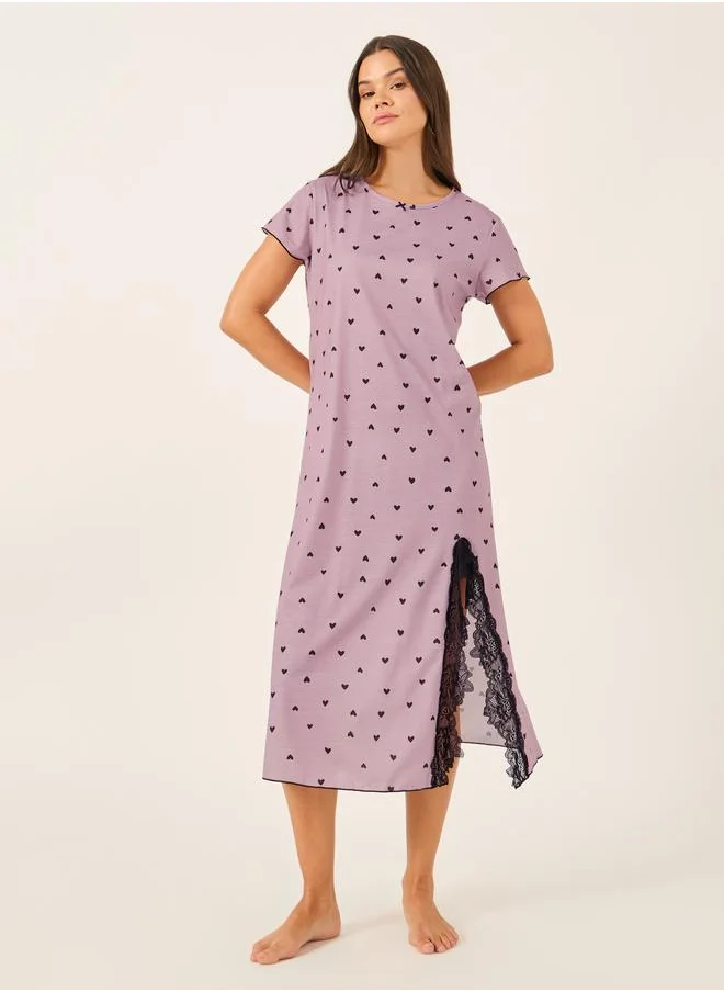ستايلي Styli Heart Print Bow Detail Lettuce Edge Nightdress with Lace Trim Slit