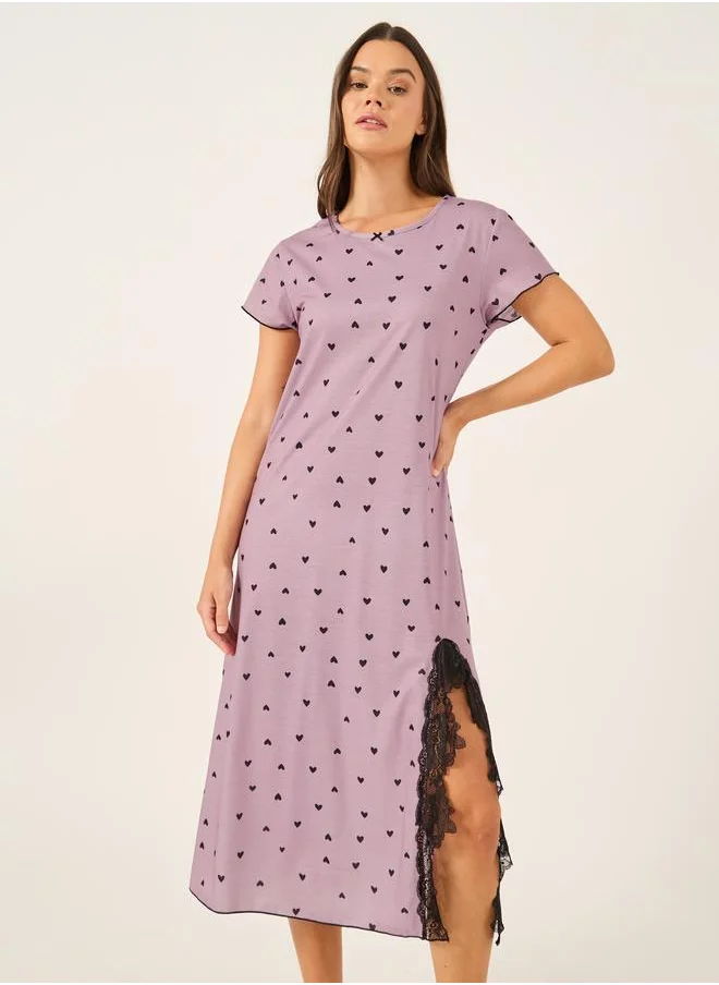 ستايلي Styli Heart Print Bow Detail Lettuce Edge Nightdress with Lace Trim Slit
