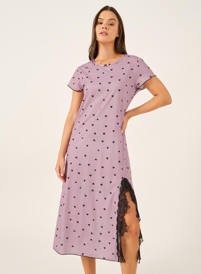Styli Styli Heart Print Bow Detail Lettuce Edge Nightdress with Lace Trim Slit - Image 2