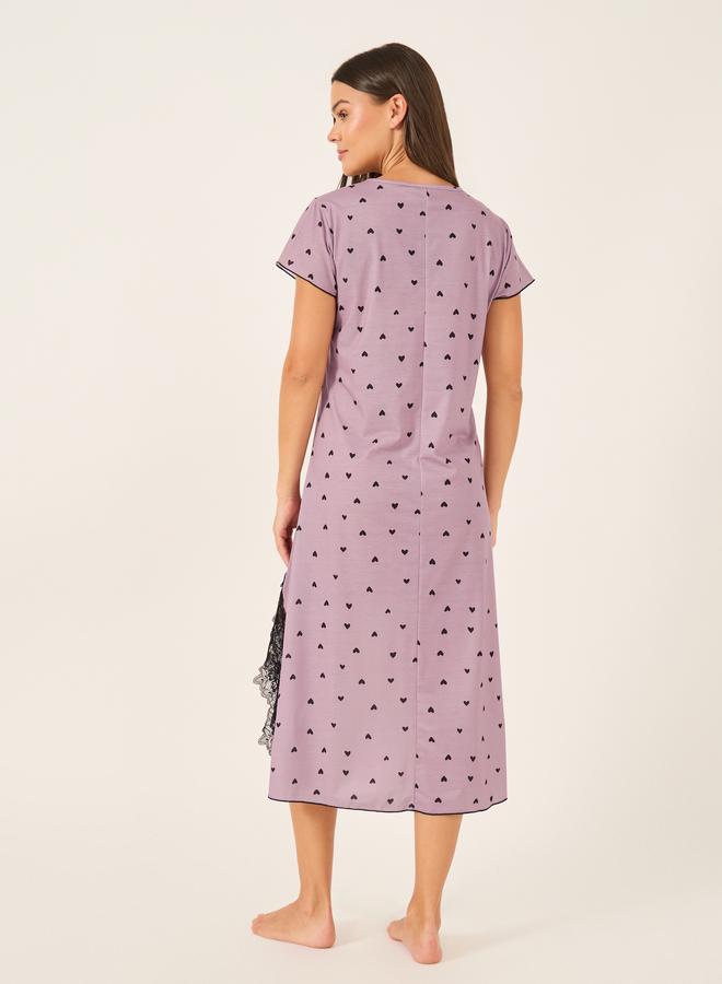 Styli Styli Heart Print Bow Detail Lettuce Edge Nightdress with Lace Trim Slit - Image 4