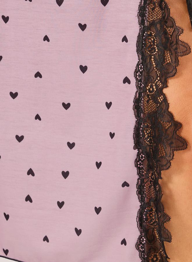 Styli Styli Heart Print Bow Detail Lettuce Edge Nightdress with Lace Trim Slit - Image 3