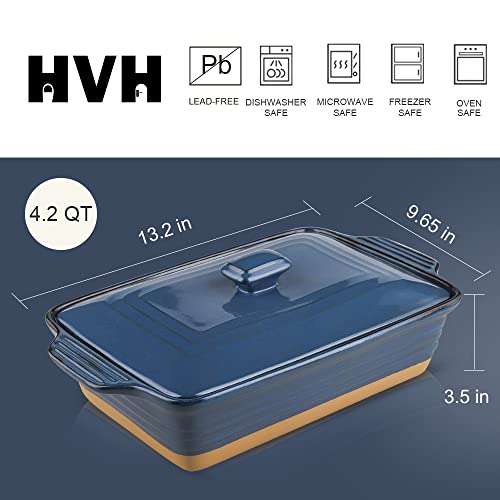 HVH Ceramic Casserole Dish with Lid Oven Safe, 3.5 Quart Large Casserole Dish, Covered Rectangular Casserole Dish Set, 9x13 Casserole Dish, Baking Dishes for Casseroles, Farmhouse Style (Blue) - Image 4