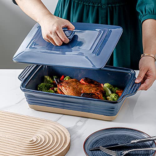HVH Ceramic Casserole Dish with Lid Oven Safe, 3.5 Quart Large Casserole Dish, Covered Rectangular Casserole Dish Set, 9x13 Casserole Dish, Baking Dishes for Casseroles, Farmhouse Style (Blue) - Image 3