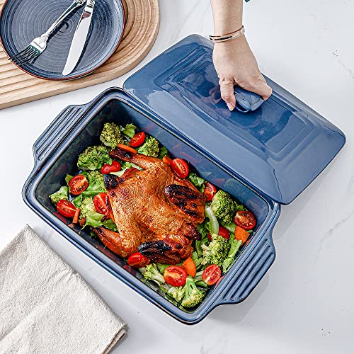 HVH Ceramic Casserole Dish with Lid Oven Safe, 3.5 Quart Large Casserole Dish, Covered Rectangular Casserole Dish Set, 9x13 Casserole Dish, Baking Dishes for Casseroles, Farmhouse Style (Blue) - Image 2