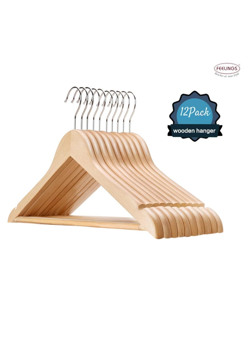 Feelings FEELINGS Wooden Hangers with Non-Slip Grip, Set of 12 - Natural Finish, Durable Space-Saving Premium Design for Clothes, Coats, and Jackets Click to open expanded view FEELINGS Wooden Hangers with Non-Slip Grip, Set of 12 - Natural Finish, Durable Space-Saving Premium Design for Clothes, Coats, and Jackets  - Image 3