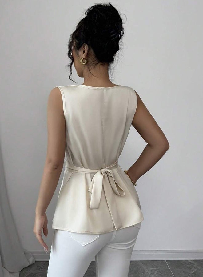 roaiss Elegant Apricot Tailored Tops for Women Versatile Collar Figure Flattering Stretch Sleeveless Top Ladies High Waist Slim Fit Clothes with Waist-Cinching Tie - Image 2