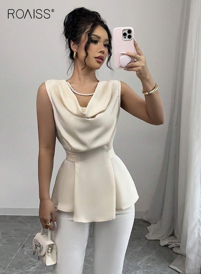 roaiss Elegant Apricot Tailored Tops for Women Versatile Collar Figure Flattering Stretch Sleeveless Top Ladies High Waist Slim Fit Clothes with Waist-Cinching Tie - Image 5