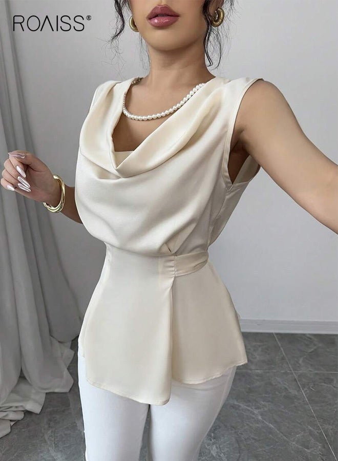 roaiss Elegant Apricot Tailored Tops for Women Versatile Collar Figure Flattering Stretch Sleeveless Top Ladies High Waist Slim Fit Clothes with Waist-Cinching Tie - Image 4