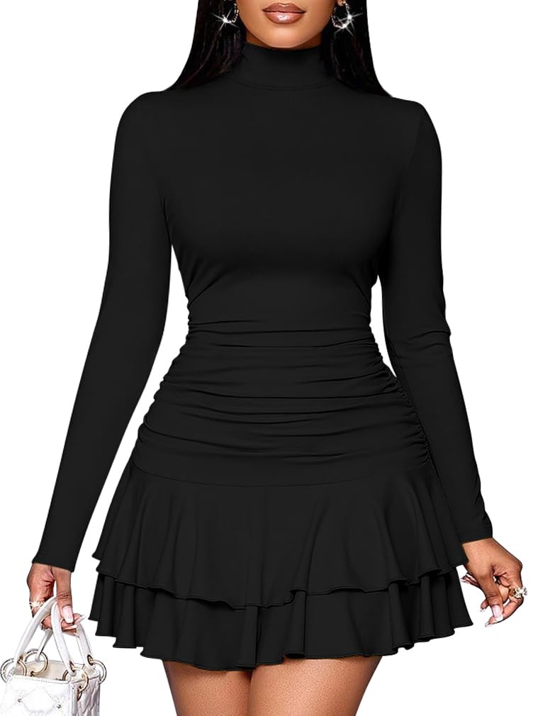 LAGSHIAN Women's High Neck Ruffle Hem Mini Dress Long Sleeve Ruched Short Club Party Dresses Black - Image 1