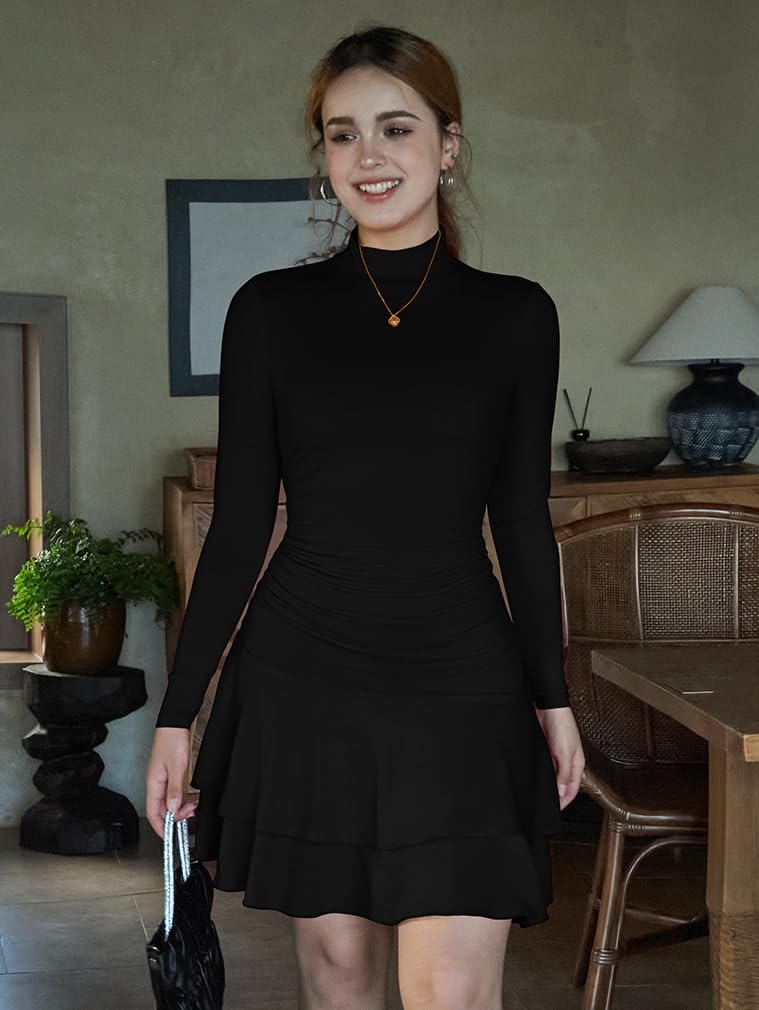 LAGSHIAN Women's High Neck Ruffle Hem Mini Dress Long Sleeve Ruched Short Club Party Dresses Black - Image 2