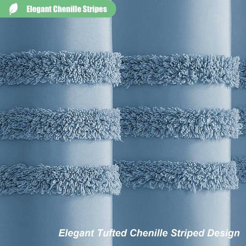 Dynamene Moonlight Blue Fabric Shower Curtain  Tufted Chenille Striped Cloth Shower Curtain for Bathroom  Modern Farmhouse Shabby Chic Waterproof Shower Curtain Set with Hook  Machine Washable  72x72 - Image 1