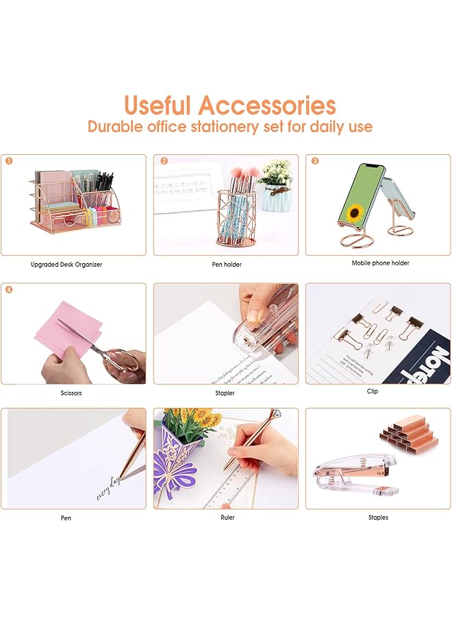 erorex Rose Gold Desk Organizers And Accessories Office Supplies Set Stapler Pen Holder Phone Holder Scissors Pen Ruler 30 Paper Clips 22 Binder Clips 20 Tacks And 1000Pcs Staples Rose Gold - Image 5