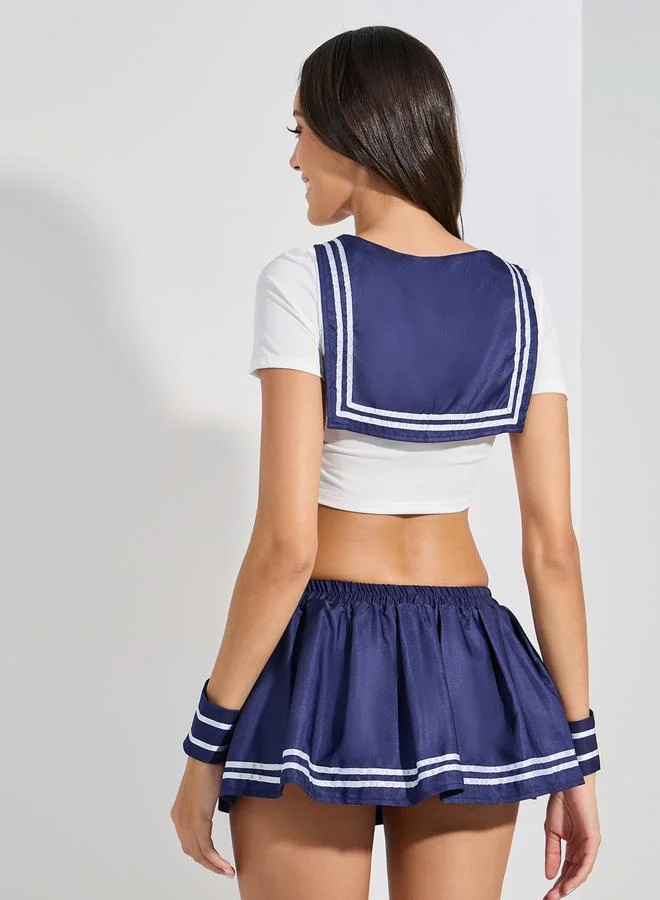 ستايلي Bow Detail Contrast Sailor Crop Top and Skirt Dress Up Set