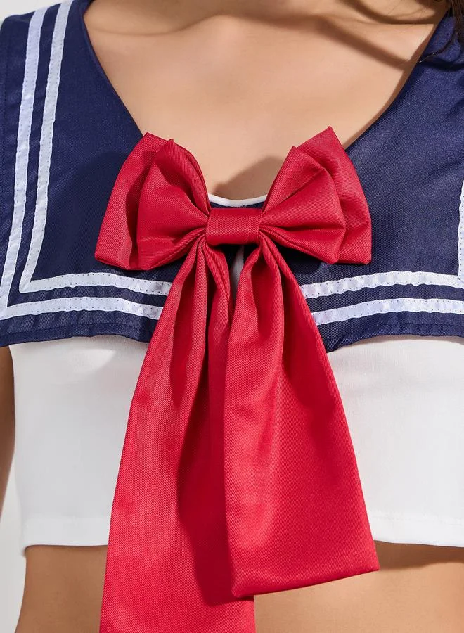 ستايلي Bow Detail Contrast Sailor Crop Top and Skirt Dress Up Set