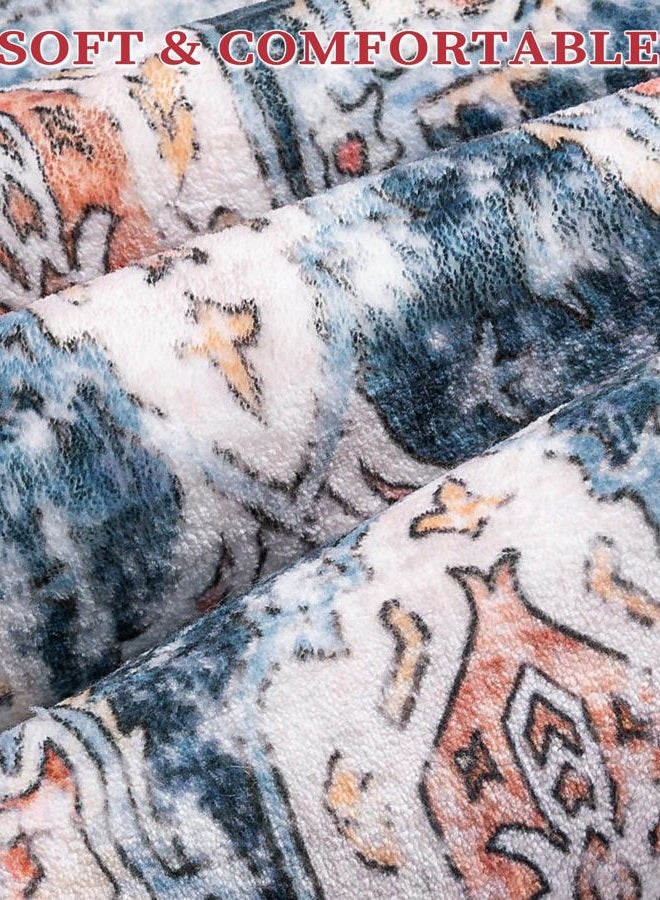 SERISSA Boho Washable Runner Rug, 2'6"x10' Long Non-Slip Vintage Blue Orange Hallway Kitchen Stair Runner Rug Ultra Soft Print Distressed Floor Carpet for Bedroom Bathroom Laundry Room - Image 5