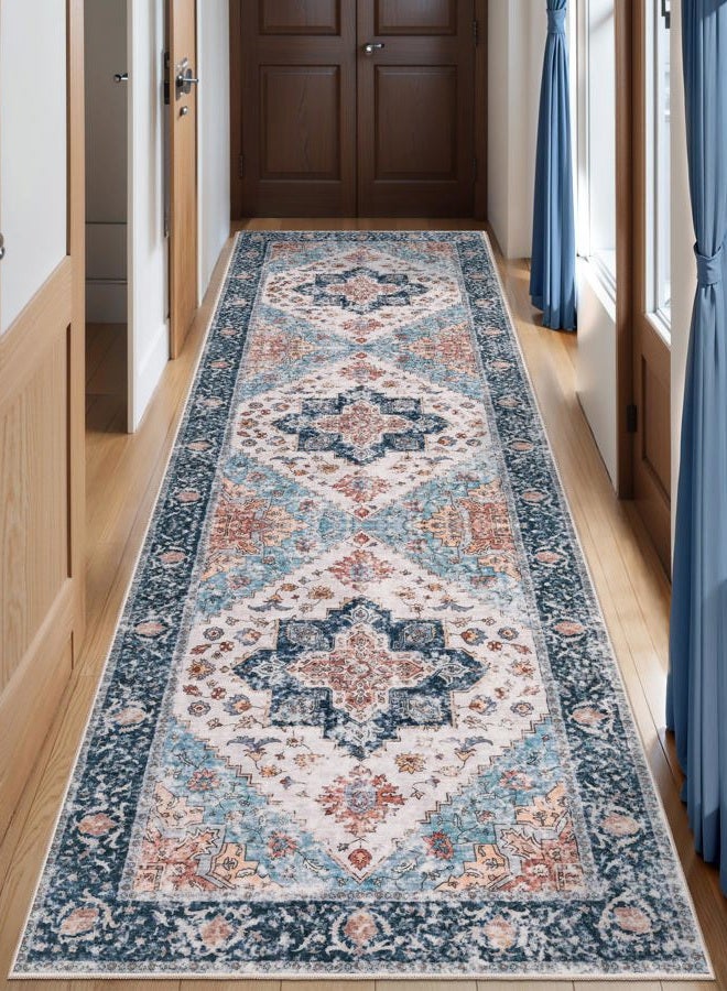 SERISSA Boho Washable Runner Rug, 2'6"x10' Long Non-Slip Vintage Blue Orange Hallway Kitchen Stair Runner Rug Ultra Soft Print Distressed Floor Carpet for Bedroom Bathroom Laundry Room - Image 1