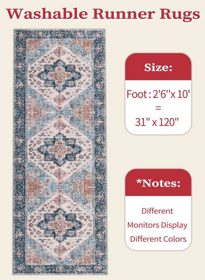 SERISSA Boho Washable Runner Rug, 2'6"x10' Long Non-Slip Vintage Blue Orange Hallway Kitchen Stair Runner Rug Ultra Soft Print Distressed Floor Carpet for Bedroom Bathroom Laundry Room - Image 2