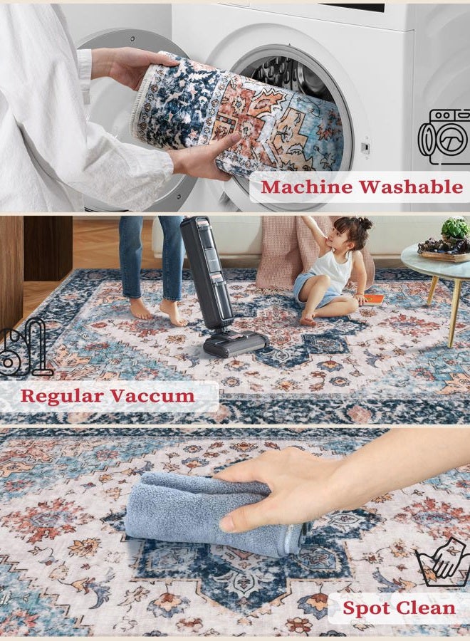 SERISSA Boho Washable Runner Rug, 2'6"x10' Long Non-Slip Vintage Blue Orange Hallway Kitchen Stair Runner Rug Ultra Soft Print Distressed Floor Carpet for Bedroom Bathroom Laundry Room - Image 3