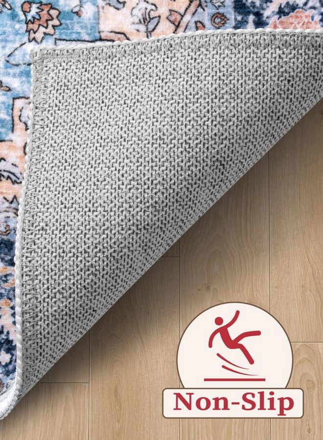 SERISSA Boho Washable Runner Rug, 2'6"x10' Long Non-Slip Vintage Blue Orange Hallway Kitchen Stair Runner Rug Ultra Soft Print Distressed Floor Carpet for Bedroom Bathroom Laundry Room - Image 4