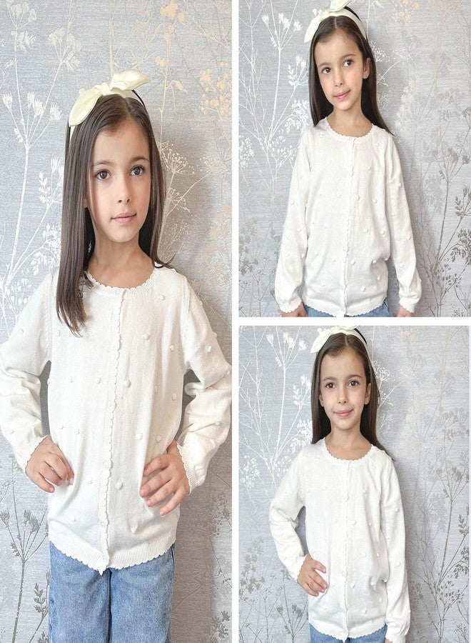 Curipeer Toddler Girl Thin Cardigan Sweater Long Sleeve Pompoms Knit Sweaters Outfits White 5T - Image 3