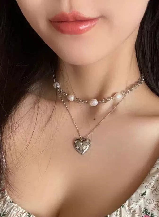 Goolsky قلادة قلب لؤلؤ مزدوجة الطبقات - تشوكر فتاة حلوة وحارة، مجوهرات صيفية عصرية، للارتداء اليومي/غير الرسمي - Image 2