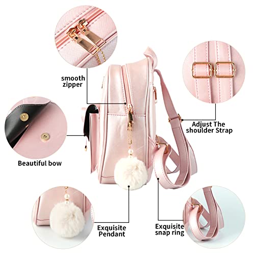 Aogist Mini Leather Backpack Purse 3-Pieces Fashion Bowknot Zipper Bags Cute Casual Travel Daypacks for Women (Pink) - Image 3