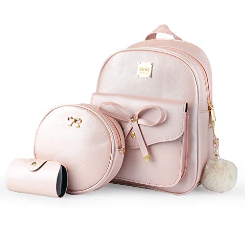 Aogist Mini Leather Backpack Purse 3-Pieces Fashion Bowknot Zipper Bags Cute Casual Travel Daypacks for Women (Pink) - Image 1