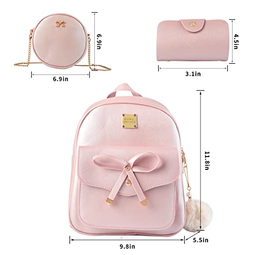 Aogist Mini Leather Backpack Purse 3-Pieces Fashion Bowknot Zipper Bags Cute Casual Travel Daypacks for Women (Pink) - Image 2