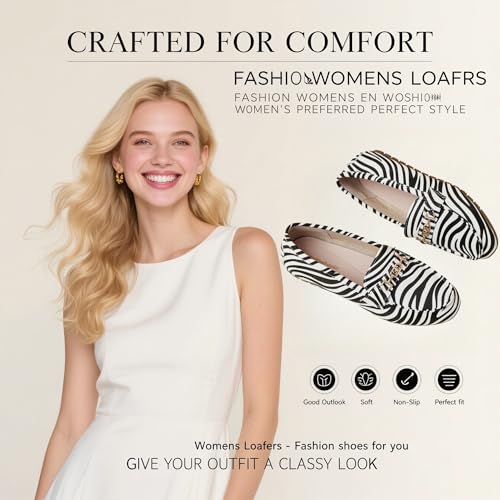 DeYashopin Women's Loafer Shoes Leisure Slip On Work Shoes Comfort Walking Flats Zebra 7 Wide - Image 2
