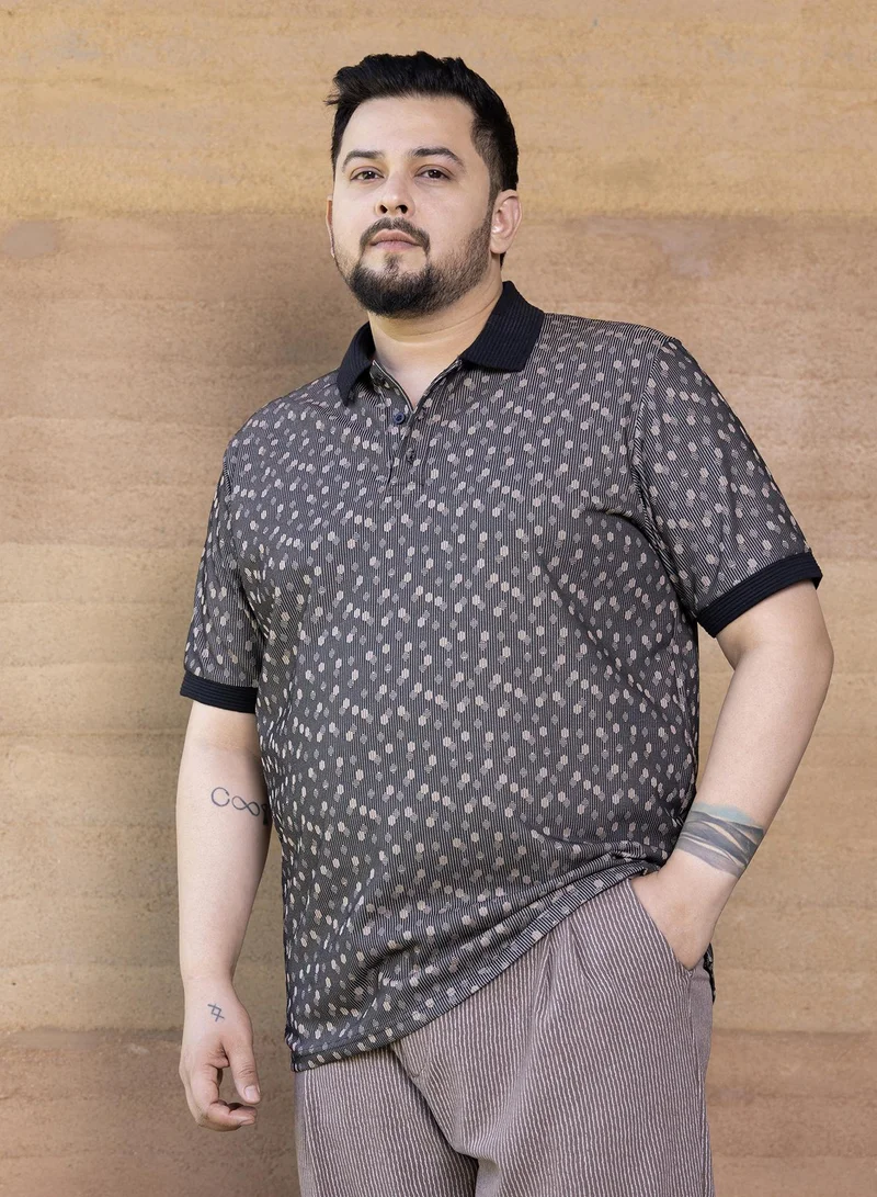 Instafab Plus Men's Onyx Black Shadowed-Polka Polo T-Shirt For Casual Wear | Polo Neck | Short Cuffed Sleeves | Half-Button Closure | Plus Size T-Shirt Crafted With Comfort Fit For Everyday Wear