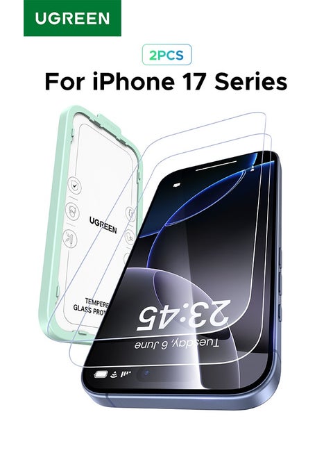 عبوة من قطعتين لحماية شاشة آيفون 17 برو، [صلابة 9H] [مقاومة للصدمات بدرجة عسكرية] زجاج مقوى شفاف فائق الدقة مع أداة تركيب سهلة، مضاد لبصمات الأصابع، مقاوم للخدش، مناسب للحافظات