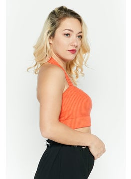 Etam Women Halter Neck Sleeveless Ribbed Crop Top, Orange  - Image 3