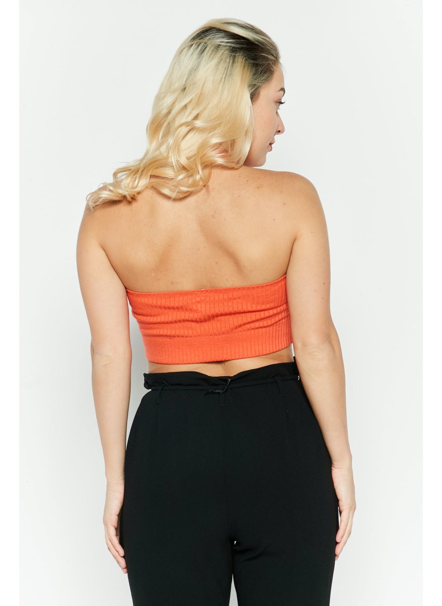 Etam Women Halter Neck Sleeveless Ribbed Crop Top, Orange  - Image 4