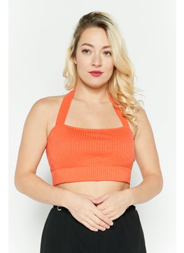 Etam Women Halter Neck Sleeveless Ribbed Crop Top, Orange  - Image 1