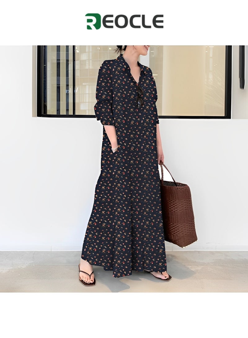REOCLE Women's Shirt Dress Beautiful Maxi Dress Long Long Sleeve Plain Large Size Loose Body Covering Large Size Slim Natural Simple Short Outer Cover Spring Summer and Autumn - Image 4