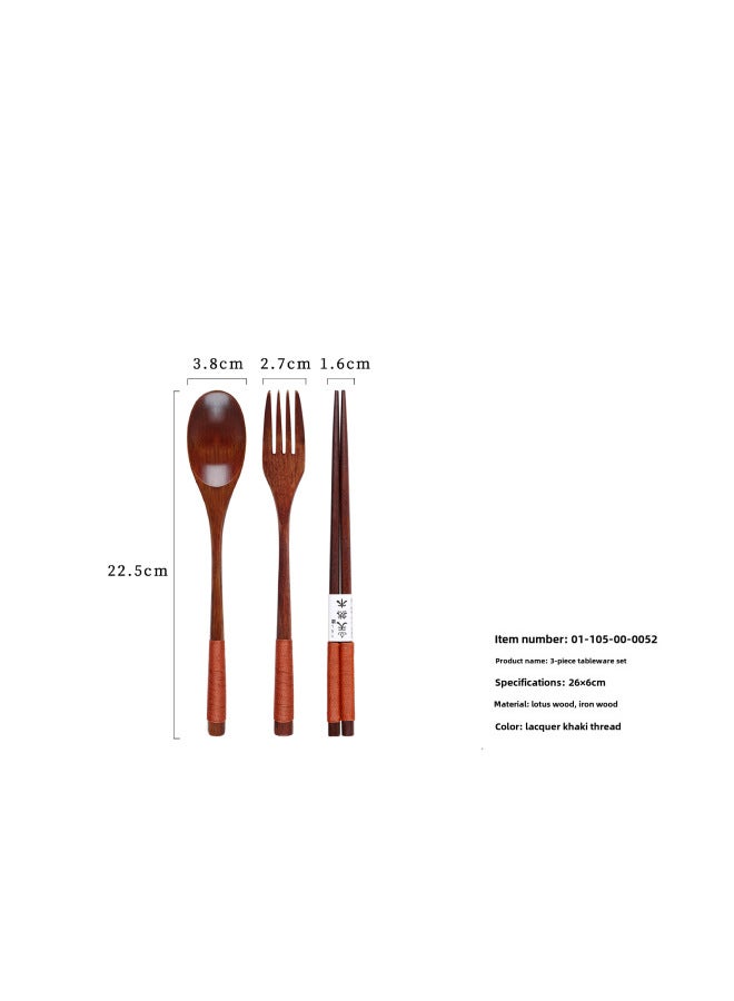 Yfjy Special Season Japanese Wooden Chopsticks Spoon Fork Portable One-person Spoon Fork Chopsticks Picnic Three-piece Cloth Bag-Specifications:(Lotus Wood) 22.5 Spoon And Fork Chopsticks Big Lacquer Khaki  - Image 1
