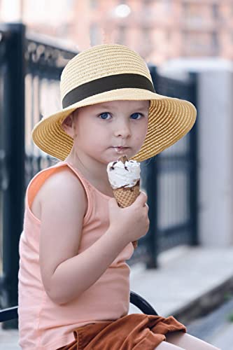 Eohak Girls Wide-Brim Straw Sun-Hat for Summer Beach with Bow 5 to 9 Years - Image 3