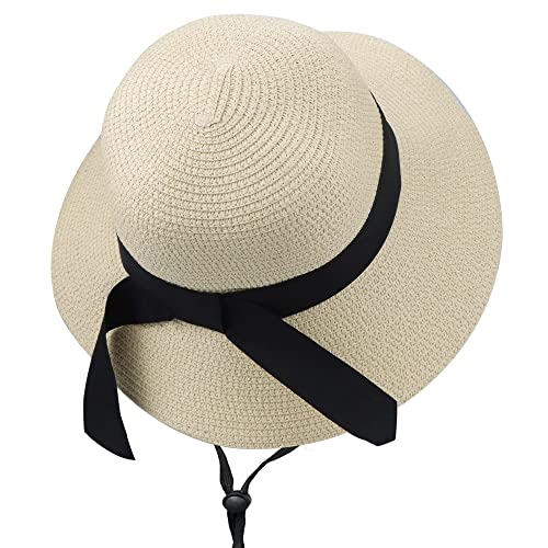 Eohak Girls Wide-Brim Straw Sun-Hat for Summer Beach with Bow 5 to 9 Years - Image 1