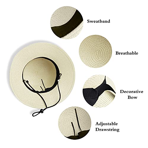 Eohak Girls Wide-Brim Straw Sun-Hat for Summer Beach with Bow 5 to 9 Years - Image 4