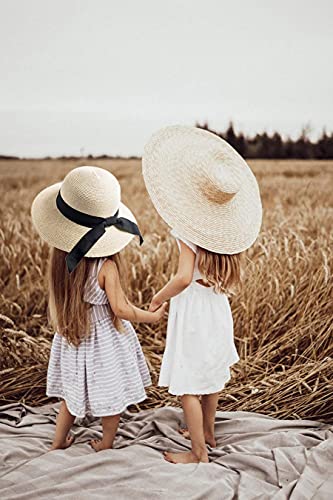 Eohak Girls Wide-Brim Straw Sun-Hat for Summer Beach with Bow 5 to 9 Years - Image 2