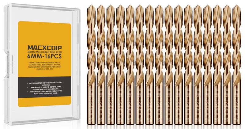 MACXCOIP Metric 16Pcs M35 Cobalt Drill Bit Set, 6mm HSS Cobalt Jobber Drill Bits, for Hardened Metals, Stainless Steel, Cast Iron and Wooden Plastics - Image 1