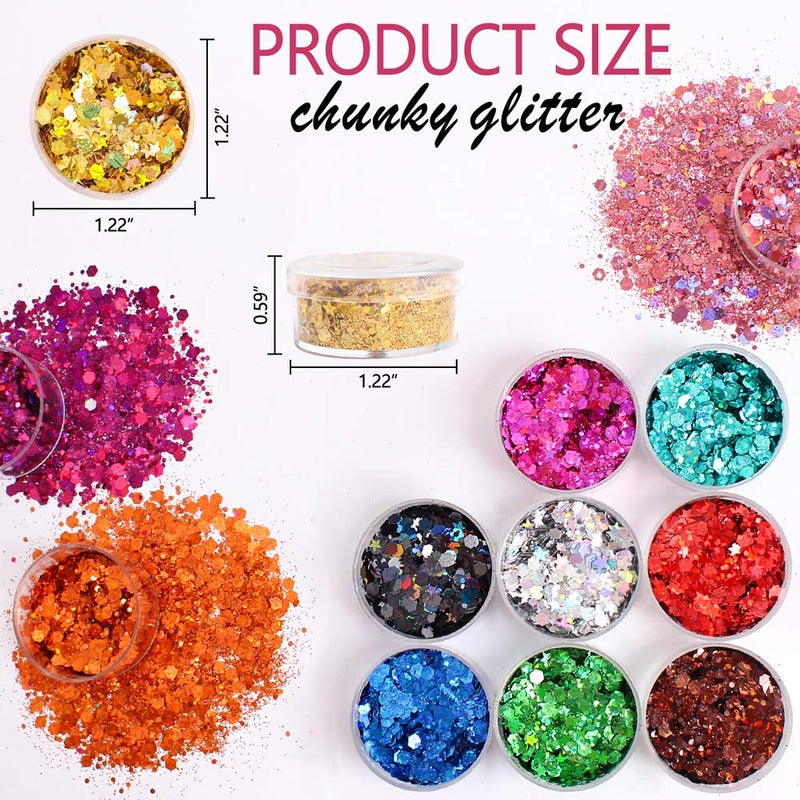 Estanoite Holographic Chunky Glitter Sequins, 12 Colors Mixed Cosmetic Glitter for Face Body Eye Hair Nail Art Lip Gloss Makeup, Festival Glitter with Different Hexagons Size and Stars (Laser Mix) - Image 3