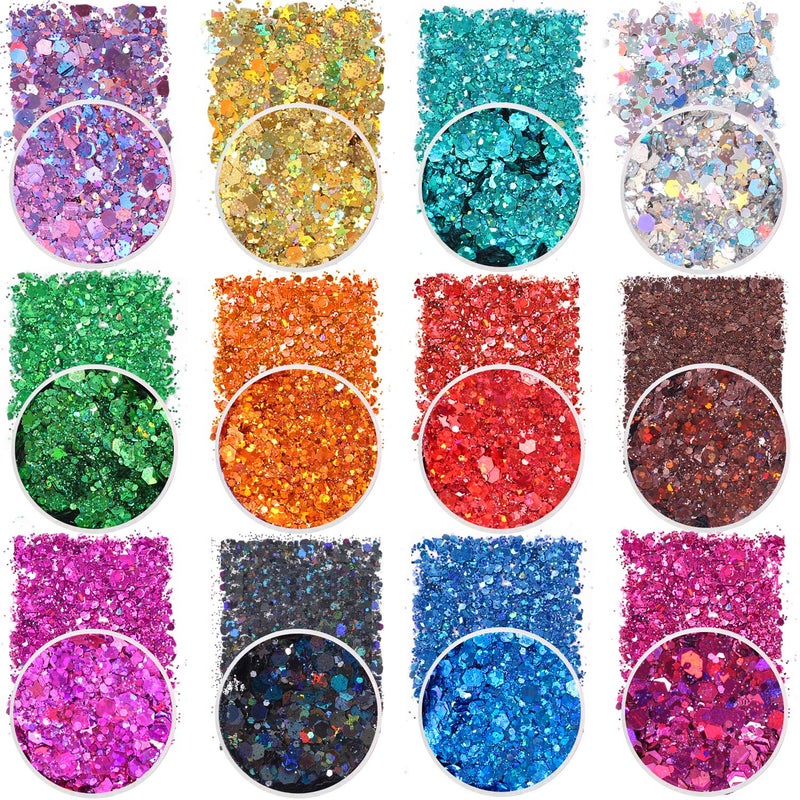 Estanoite Holographic Chunky Glitter Sequins, 12 Colors Mixed Cosmetic Glitter for Face Body Eye Hair Nail Art Lip Gloss Makeup, Festival Glitter with Different Hexagons Size and Stars (Laser Mix) - Image 1