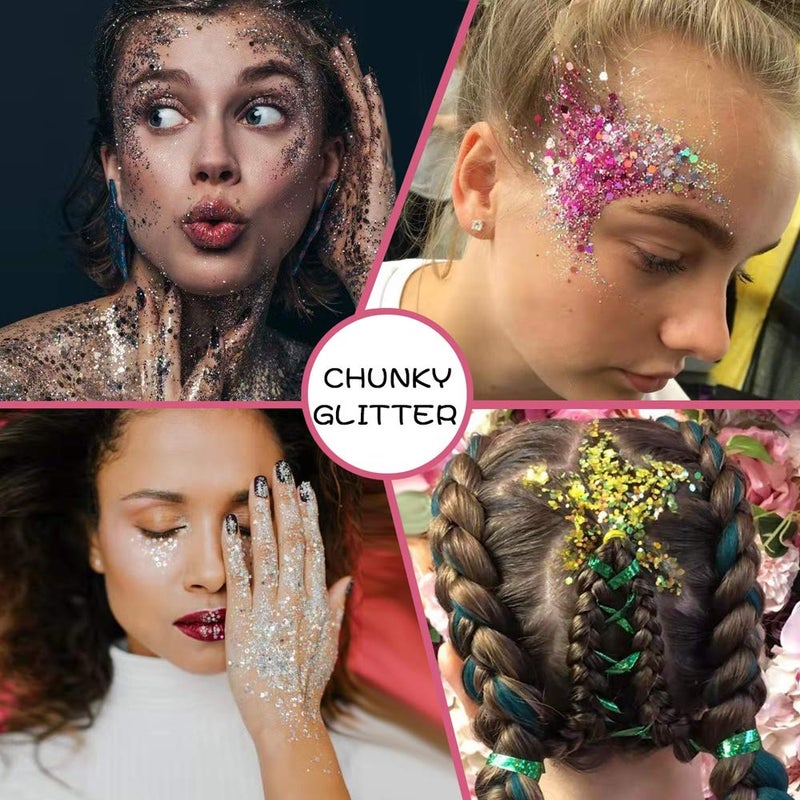 Estanoite Holographic Chunky Glitter Sequins, 12 Colors Mixed Cosmetic Glitter for Face Body Eye Hair Nail Art Lip Gloss Makeup, Festival Glitter with Different Hexagons Size and Stars (Laser Mix) - Image 5