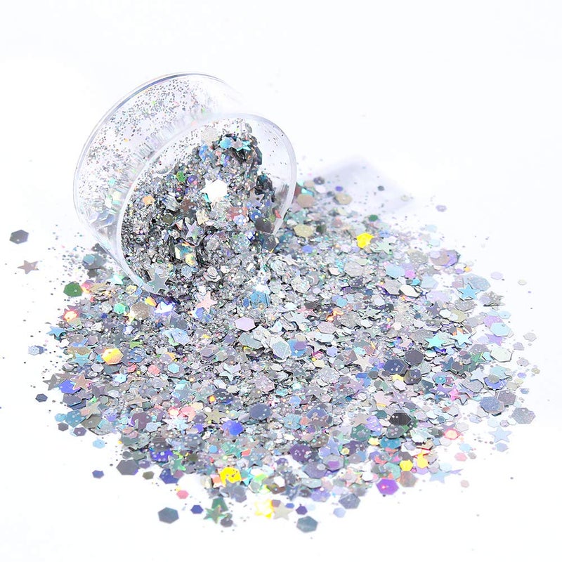 Estanoite Holographic Chunky Glitter Sequins, 12 Colors Mixed Cosmetic Glitter for Face Body Eye Hair Nail Art Lip Gloss Makeup, Festival Glitter with Different Hexagons Size and Stars (Laser Mix) - Image 4