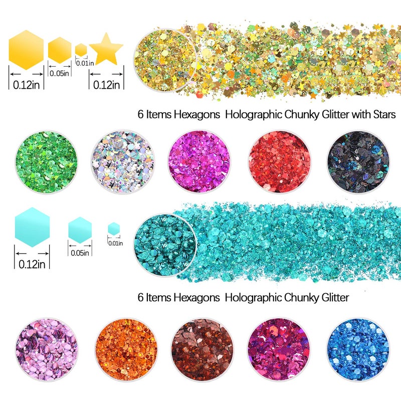 Estanoite Holographic Chunky Glitter Sequins, 12 Colors Mixed Cosmetic Glitter for Face Body Eye Hair Nail Art Lip Gloss Makeup, Festival Glitter with Different Hexagons Size and Stars (Laser Mix) - Image 2