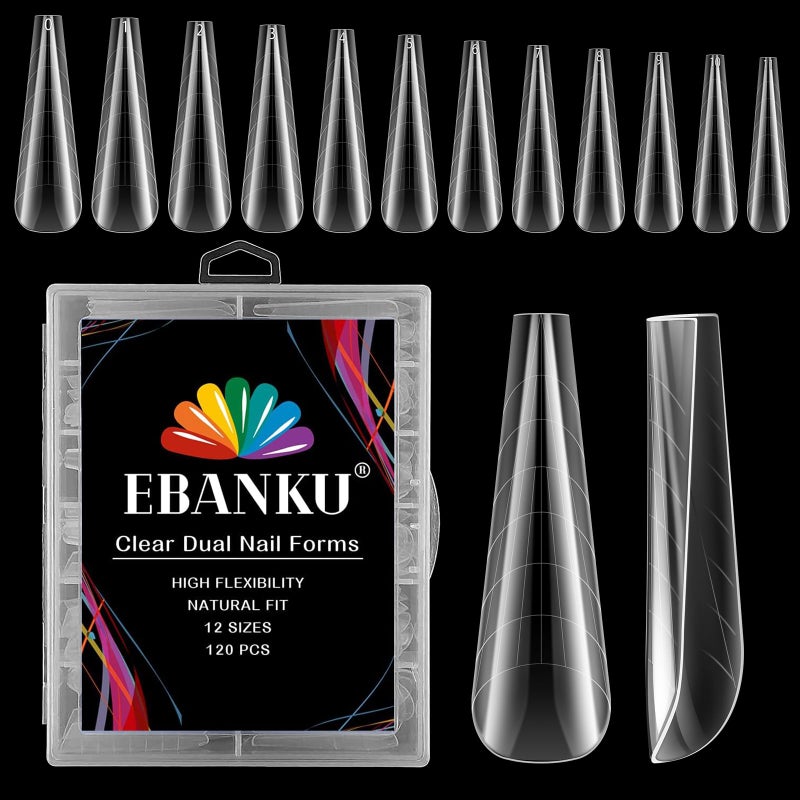 EBANKU 120Pcs Poly Extension Gel Dual Forms Clear Tips Set  Acrylic False Nails With 12 Sizes Square Stiletto Gel Forms Full Cover Reusable Molds