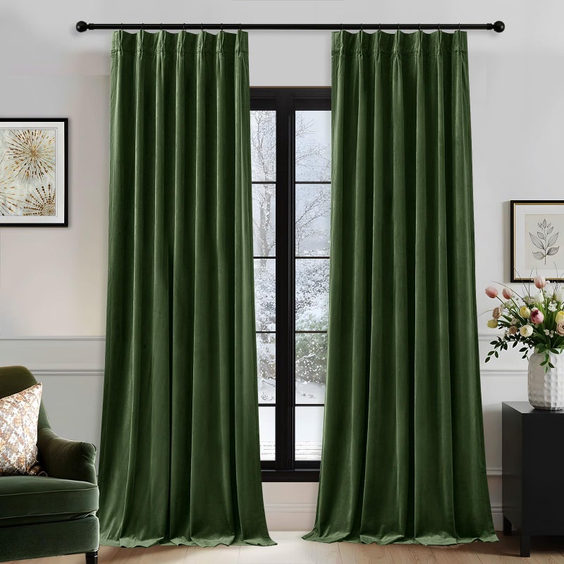 AUSSPVOCT Olive Green Pinch Pleated Velvet Blackout Curtains 84 inches Long 2 Panels Set,Forest Green Luxury Elegant Drapes for Bedroom Living Room,Thermal Insulated Back Tab Window Panels,W40 x L84,Home Decor - Image 2