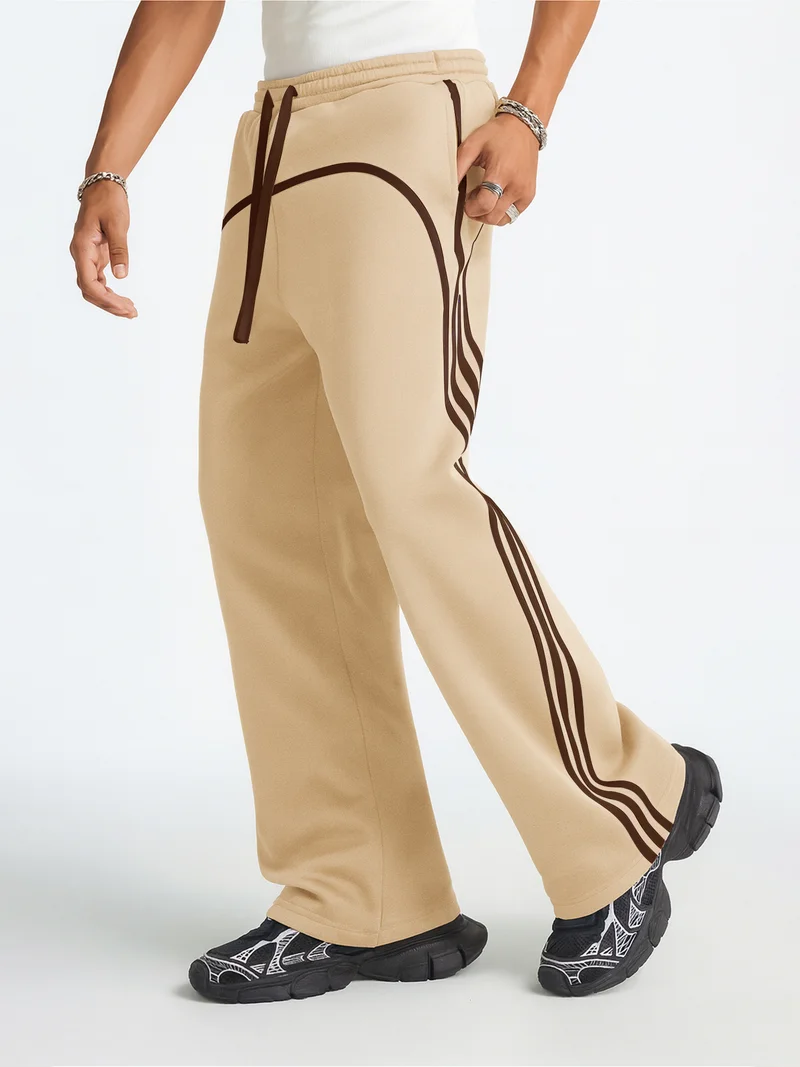 Maniac  Maniac Mens Side Stripe Biscuit and Brown Cotton Baggy Fit Trackpant for Men | Best Price UAE